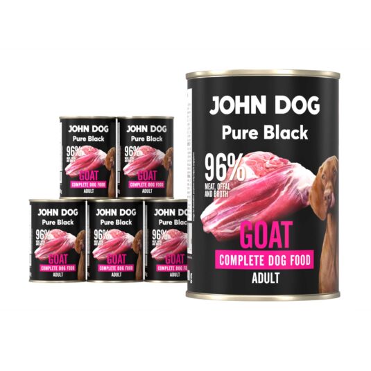 Karma mokra dla psa z koziny John Dog Pure Black w sześciu czarnych puszkach 400g. Na etykietach jest surowe mięso z kozy, zdjęcie psa oraz białe i różowe napisy.