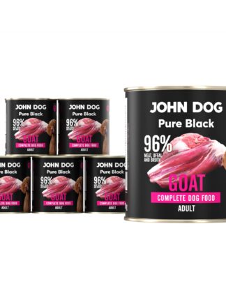 Karma mokra dla psa z koziny John Dog Pure Black w sześciu czarnych puszkach 400g. Na etykietach jest surowe mięso z kozy, zdjęcie psa oraz białe i różowe napisy.