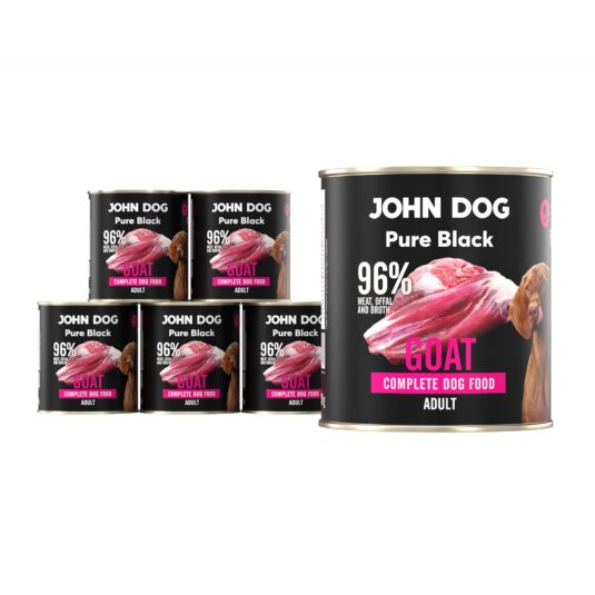 Karma mokra dla psa z koziny John Dog Pure Black w sześciu czarnych puszkach 400g. Na etykietach jest surowe mięso z kozy, zdjęcie psa oraz białe i różowe napisy.