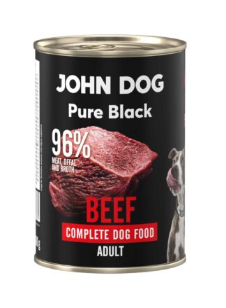Karma mokra dla psa z wołowiny John Dog Pure Black w czarnej puszce 400g. Na etykiecie jest surowe mięso z wołowiny, zdjęcie psa oraz białe i czerwone napisy.