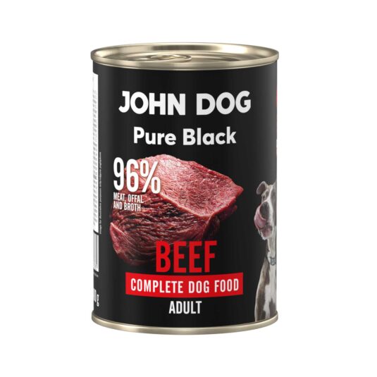 Karma mokra dla psa z wołowiny John Dog Pure Black w czarnej puszce 400g. Na etykiecie jest surowe mięso z wołowiny, zdjęcie psa oraz białe i czerwone napisy.