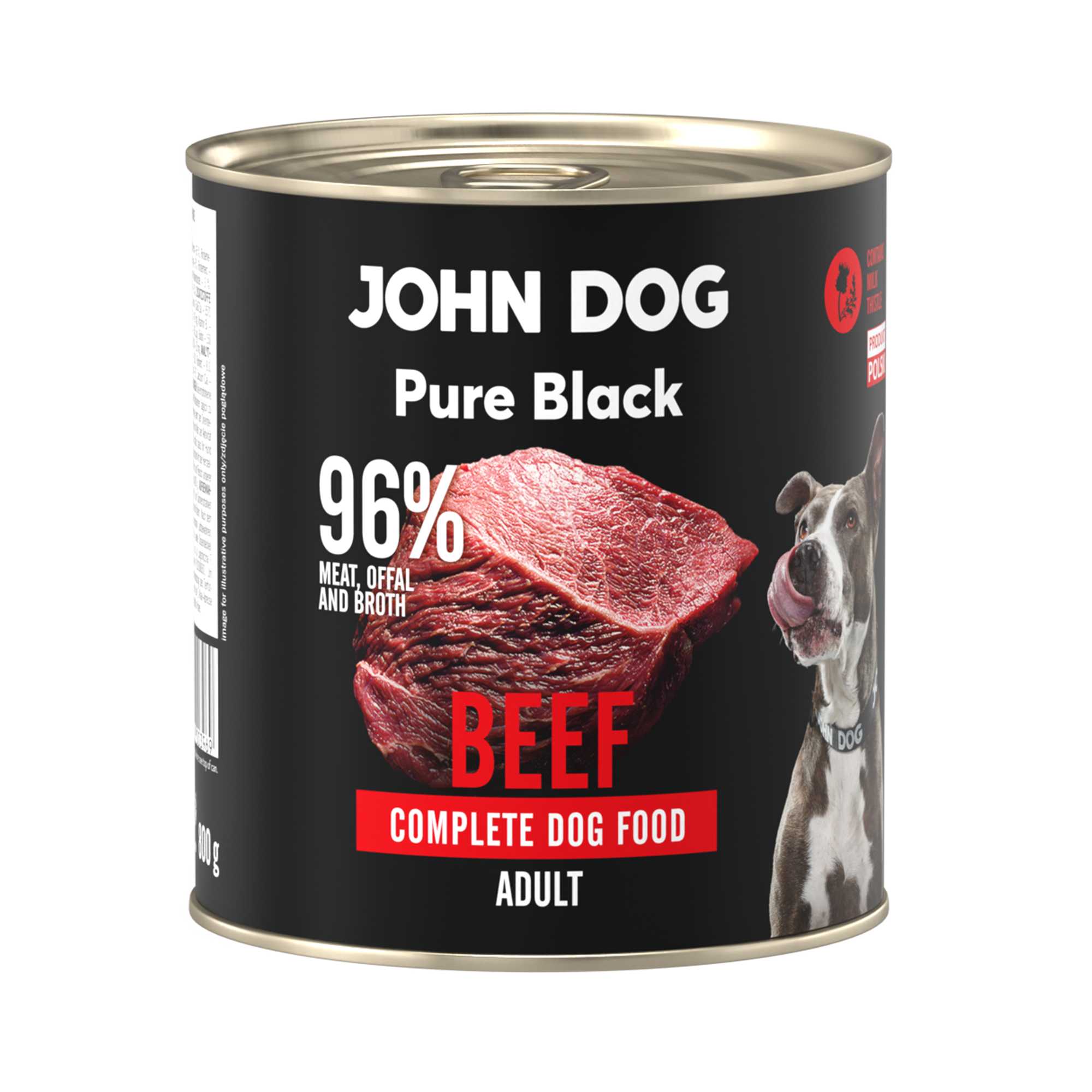 Karma mokra dla psa z wołowiny John Dog Pure Black w czarnej puszce 800g. Na etykiecie jest surowe mięso z wołowiny, zdjęcie psa oraz białe i czerwone napisy.