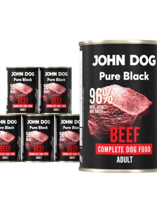 Karma mokra dla psa z wołowiny John Dog Pure Black w sześciu czarnych puszkach 400g. Na etykietach jest surowe mięso z wołowiny, zdjęcie psa oraz białe i czerwone napisy.