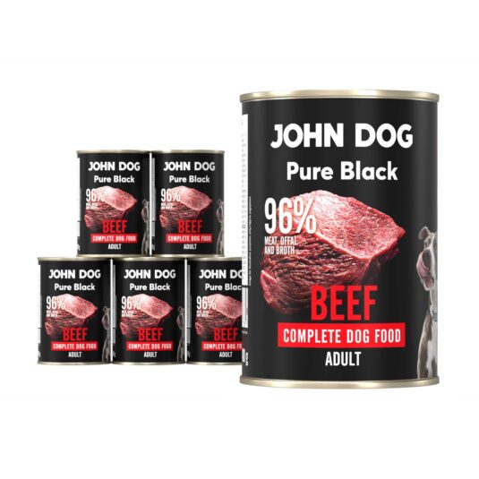 Karma mokra dla psa z wołowiny John Dog Pure Black w sześciu czarnych puszkach 400g. Na etykietach jest surowe mięso z wołowiny, zdjęcie psa oraz białe i czerwone napisy.