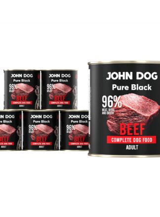 Karma mokra dla psa z wołowiny John Dog Pure Black w sześciu czarnych puszkach 800g. Na etykietach jest surowe mięso z wołowiny, zdjęcie psa oraz białe i czerwone napisy.