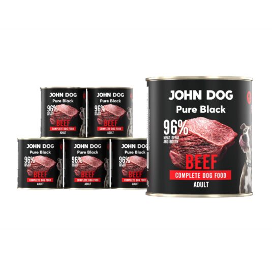 Karma mokra dla psa z wołowiny John Dog Pure Black w sześciu czarnych puszkach 800g. Na etykietach jest surowe mięso z wołowiny, zdjęcie psa oraz białe i czerwone napisy.