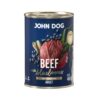Mokra karma dla psa John Dog beef with blueberries adult w puszce 400 g, z granatową etykietą, ilustracjami mięsa wołowego, borówek i zielonych liści.