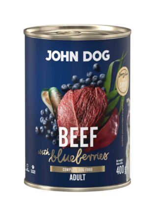 Mokra karma dla psa John Dog beef with blueberries adult w puszce 400 g, z granatową etykietą, ilustracjami mięsa wołowego, borówek i zielonych liści.