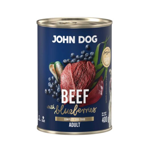 Mokra karma dla psa John Dog beef with blueberries adult w puszce 400 g, z granatową etykietą, ilustracjami mięsa wołowego, borówek i zielonych liści.