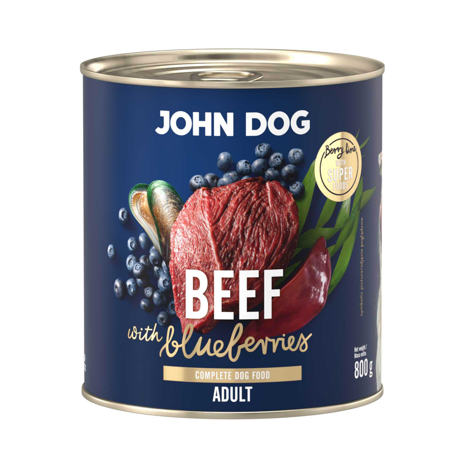 Mokra karma dla psa John Dog beef with blueberries adult w puszce 800 g, z granatową etykietą, ilustracjami mięsa wołowego, borówek i zielonych liści.