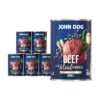 Mokra karma dla psa John Dog beef with blueberries adult w 6 puszkach 400 g, z granatową etykietą, ilustracjami mięsa wołowego, borówek i zielonych liści.