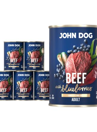 Mokra karma dla psa John Dog beef with blueberries adult w 6 puszkach 400 g, z granatową etykietą, ilustracjami mięsa wołowego, borówek i zielonych liści.