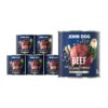Mokra karma dla psa John Dog beef with blueberries adult w 6 puszkach 800 g, z granatową etykietą, ilustracjami mięsa wołowego, borówek i zielonych liści.