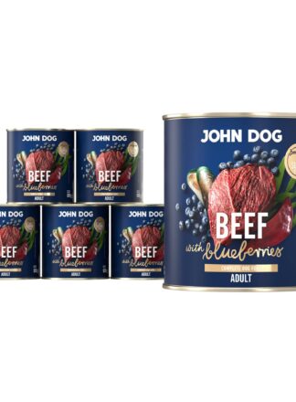 Mokra karma dla psa John Dog beef with blueberries adult w 6 puszkach 800 g, z granatową etykietą, ilustracjami mięsa wołowego, borówek i zielonych liści.