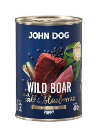 Mokra karma dla szczeniąt John Dog wild boar with calf & blueberries puppy w puszce 400 g, z granatową etykietą, ilustracjami mięsa z dzika, cielęciny, jagód i zielonych liści.