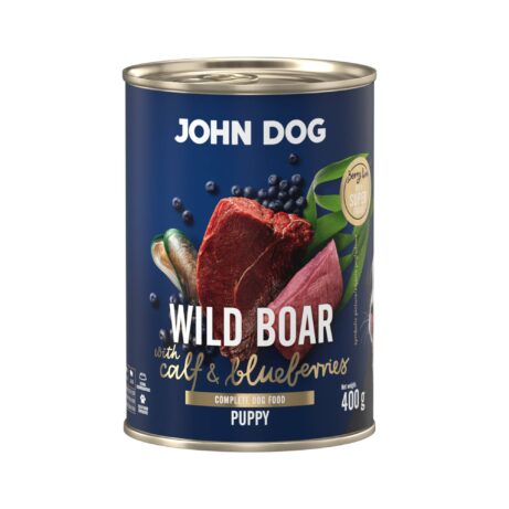 Mokra karma dla szczeniąt John Dog wild boar with calf & blueberries puppy w puszce 400 g, z granatową etykietą, ilustracjami mięsa z dzika, cielęciny, jagód i zielonych liści.