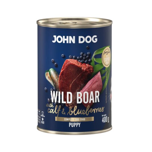 Mokra karma dla szczeniąt John Dog wild boar with calf & blueberries puppy w puszce 400 g, z granatową etykietą, ilustracjami mięsa z dzika, cielęciny, jagód i zielonych liści.