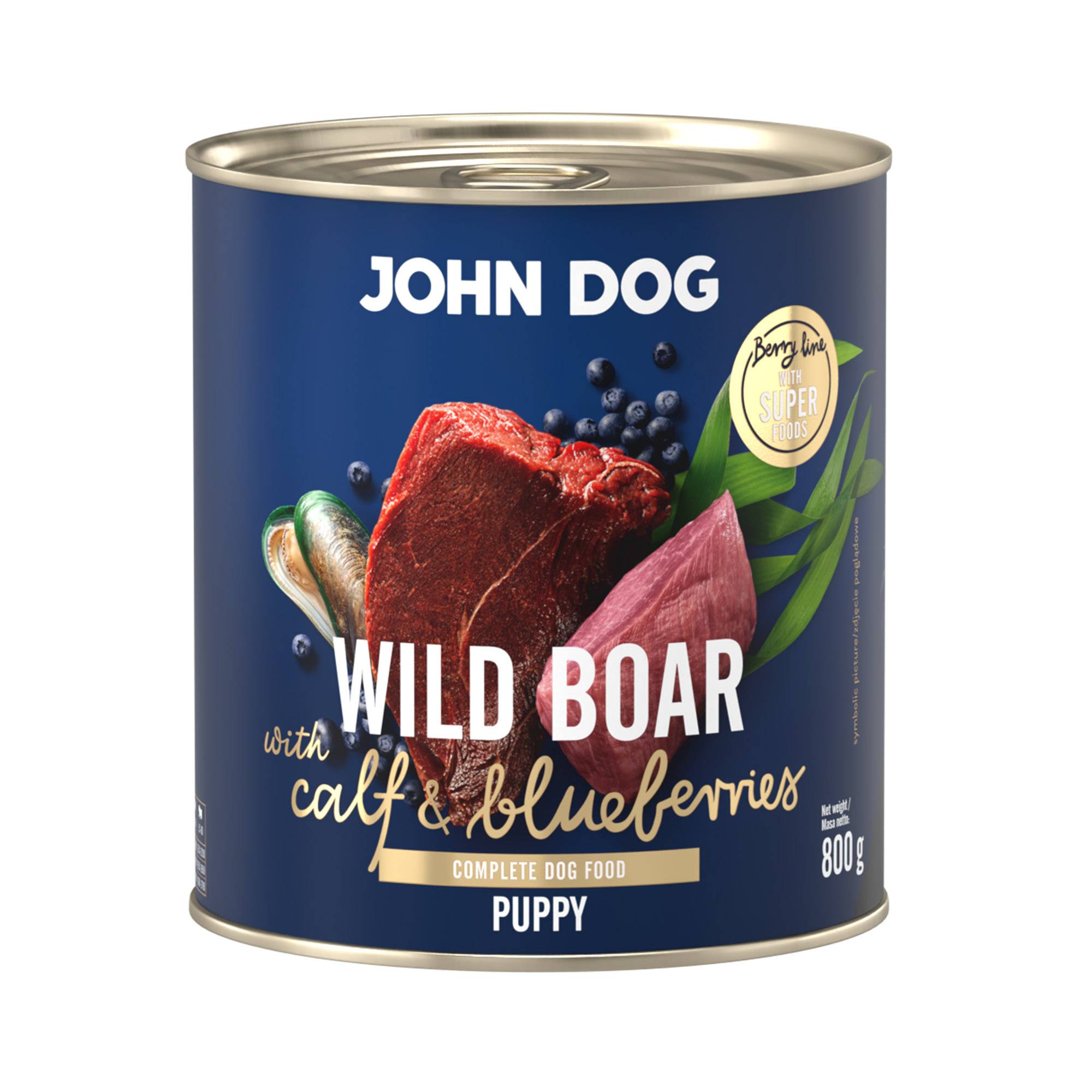 Mokra karma dla szczeniąt John Dog wild boar with calf & blueberries puppy w puszce 800 g, z granatową etykietą, ilustracjami mięsa z dzika, cielęciny, jagód i zielonych liści.