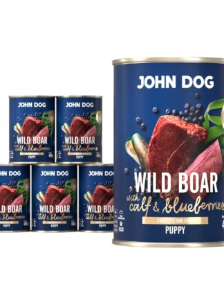 Mokra karma dla szczeniąt John Dog wild boar with calf & blueberries puppy w 6 puszkach 400 g, z granatową etykietą, ilustracjami mięsa z dzika, cielęciny, jagód i zielonych liści.