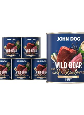 Mokra karma dla szczeniąt John Dog wild boar with calf & blueberries puppy w 6 puszkach 400 g, z granatową etykietą, ilustracjami mięsa z dzika, cielęciny, jagód i zielonych liści.