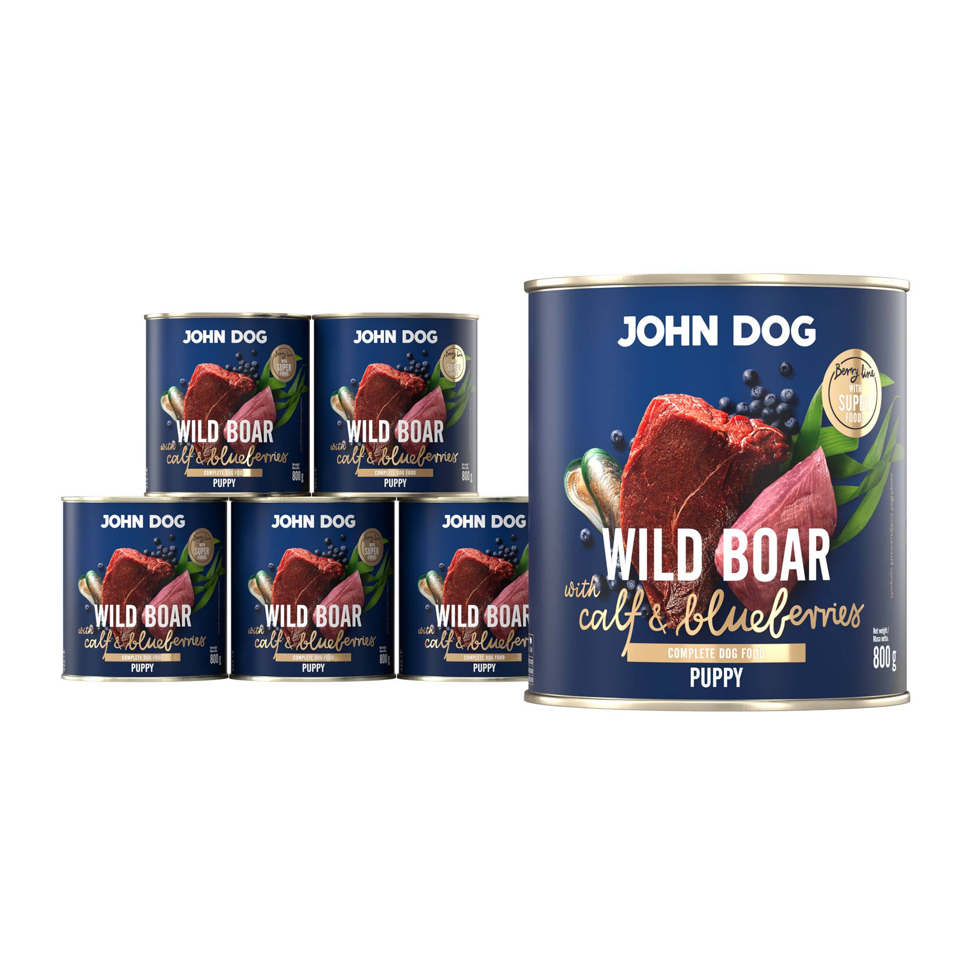 Mokra karma dla szczeniąt John Dog wild boar with calf & blueberries puppy w 6 puszkach 400 g, z granatową etykietą, ilustracjami mięsa z dzika, cielęciny, jagód i zielonych liści.