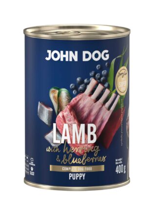 Mokra karma dla szczeniąt John Dog lamb with herring & blueberries puppy w puszce 400 g, z granatową etykietą, ilustracjami mięsa jagnięcego, śledzia, borówek i zielonych liści.