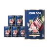 Mokra karma dla szczeniąt John Dog lamb with herring & blueberries puppy w 6 puszkach 400 g, z granatową etykietą, ilustracjami mięsa jagnięcego, śledzia, borówek i zielonych liści.