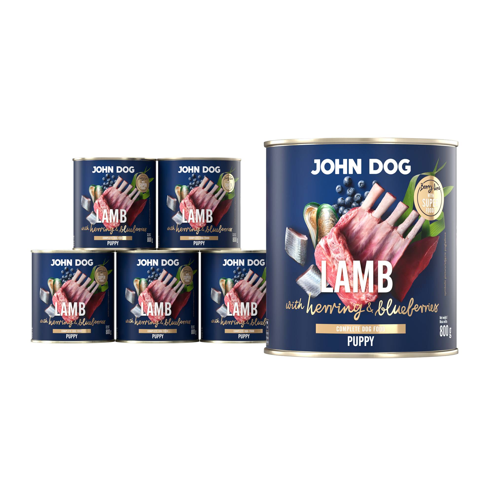 Mokra karma dla szczeniąt John Dog lamb with herring & blueberries puppy w 6 puszkach 800 g, z granatową etykietą, ilustracjami mięsa jagnięcego, śledzia, borówek i zielonych liści.