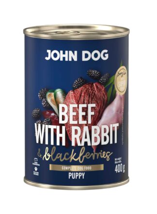 Mokra karma dla szczeniąt John Dog beef with rabbit & blackberries puppy w puszce 400 g, z granatową etykietą, ilustracjami mięsa wołowego, króliczego, jeżyn i zielonych liści.