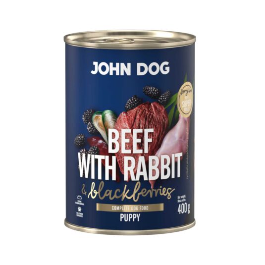 Mokra karma dla szczeniąt John Dog beef with rabbit & blackberries puppy w puszce 400 g, z granatową etykietą, ilustracjami mięsa wołowego, króliczego, jeżyn i zielonych liści.