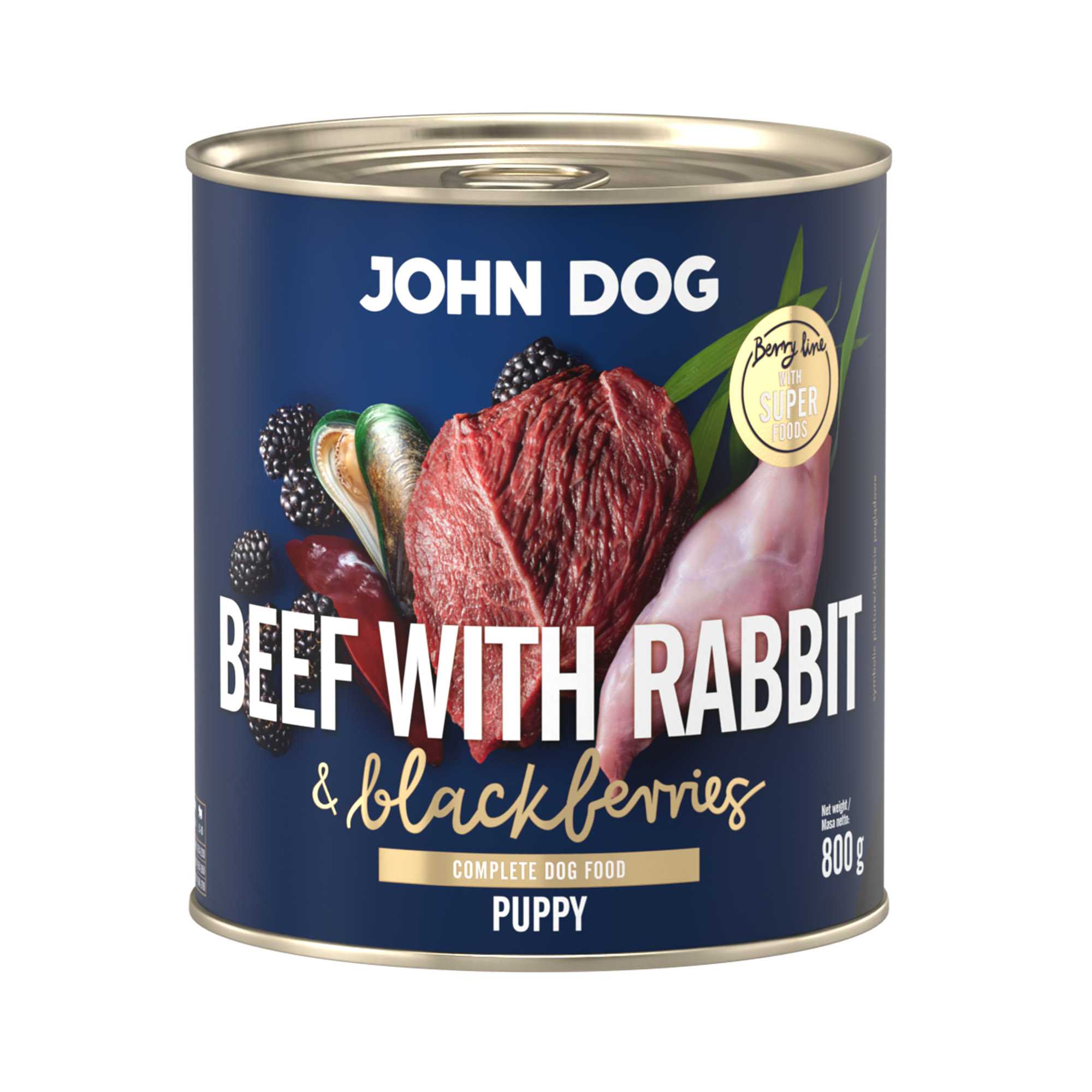 Mokra karma dla szczeniąt John Dog beef with rabbit & blackberries puppy w puszce 800 g, z granatową etykietą, ilustracjami mięsa wołowego, króliczego, jeżyn i zielonych liści.