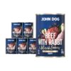 Mokra karma dla szczeniąt John Dog beef with rabbit & blackberries puppy w 6 puszkach 400 g, z granatową etykietą, ilustracjami mięsa wołowego, króliczego, jeżyn i zielonych liści.