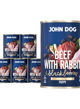 Mokra karma dla szczeniąt John Dog beef with rabbit & blackberries puppy w 6 puszkach 400 g, z granatową etykietą, ilustracjami mięsa wołowego, króliczego, jeżyn i zielonych liści.