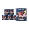 Mokra karma dla szczeniąt John Dog beef with rabbit & blackberries puppy w 6 puszkach 800 g, z granatową etykietą, ilustracjami mięsa wołowego, króliczego, jeżyn i zielonych liści.