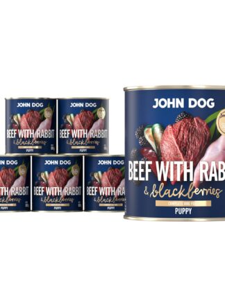 Mokra karma dla szczeniąt John Dog beef with rabbit & blackberries puppy w 6 puszkach 800 g, z granatową etykietą, ilustracjami mięsa wołowego, króliczego, jeżyn i zielonych liści.