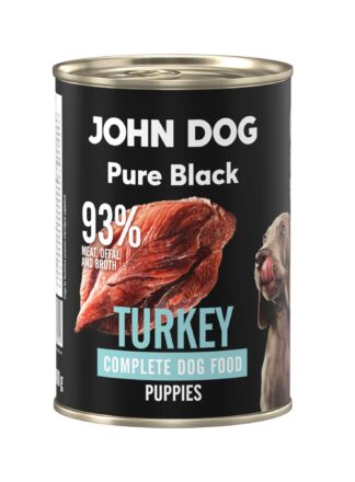 Karma mokra dla szczeniąt z indyka John Dog Pure Black w czarnej puszce 400g. Na etykiecie jest surowe mięso z indyka, zdjęcie psa oraz białe i niebieskie napisy.