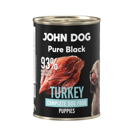 Karma mokra dla szczeniąt z indyka John Dog Pure Black w czarnej puszce 400g. Na etykiecie jest surowe mięso z indyka, zdjęcie psa oraz białe i niebieskie napisy.