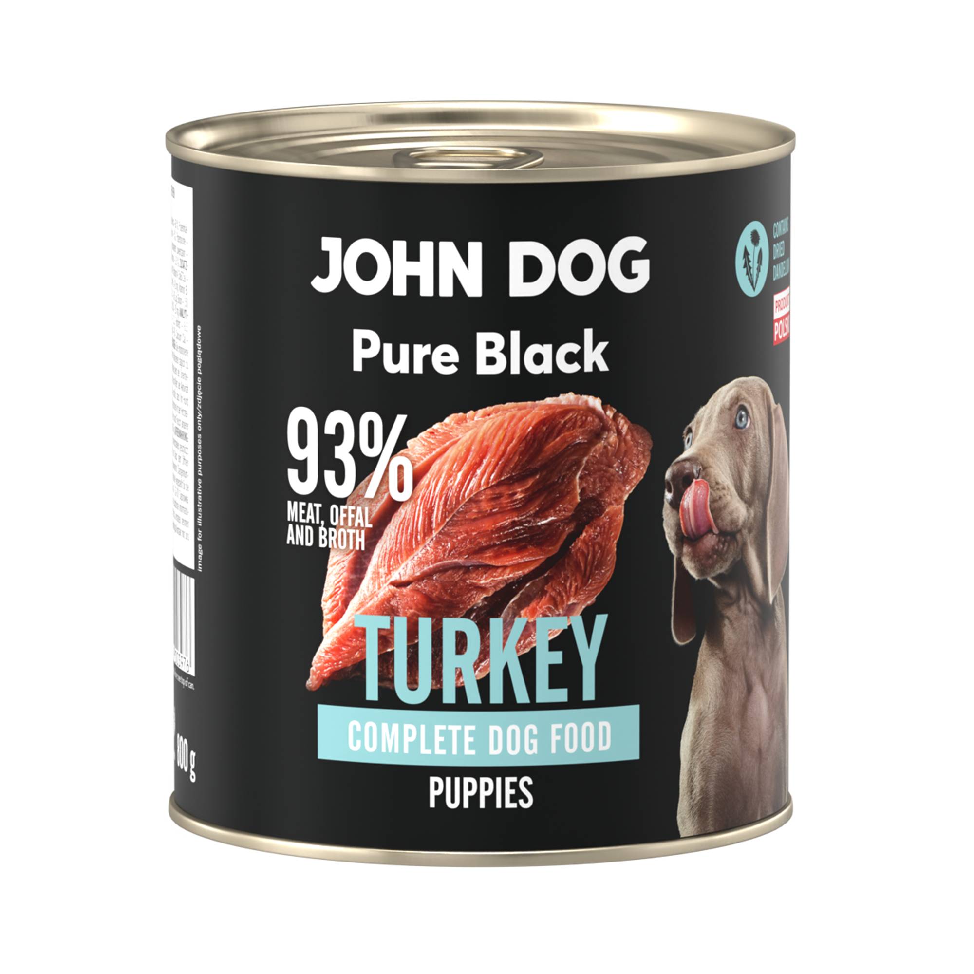 Karma mokra dla szczeniąt z indyka John Dog Pure Black w czarnej puszce 800g. Na etykiecie jest surowe mięso z indyka, zdjęcie psa oraz białe i niebieskie napisy.