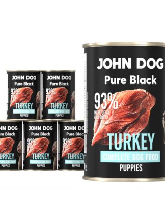 Karma mokra dla szczeniąt z indyka John Dog Pure Black w sześciu czarnych puszkach 400g. Na etykietach jest surowe mięso z indyka, zdjęcie psa oraz białe i niebieskie napisy.