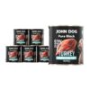 Karma mokra dla szczeniąt z indyka John Dog Pure Black w sześciu czarnych puszkach 800g. Na etykietach jest surowe mięso z indyka, zdjęcie psa oraz białe i niebieskie napisy.