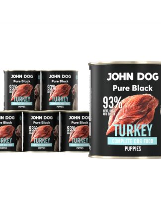 Karma mokra dla szczeniąt z indyka John Dog Pure Black w sześciu czarnych puszkach 800g. Na etykietach jest surowe mięso z indyka, zdjęcie psa oraz białe i niebieskie napisy.