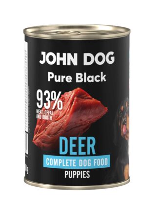 Karma mokra dla szczeniąt z jelenia John Dog Pure Black w czarnej puszce 400g. Na etykiecie jest surowe mięso z jelenia, zdjęcie psa oraz białe i błękitne napisy.