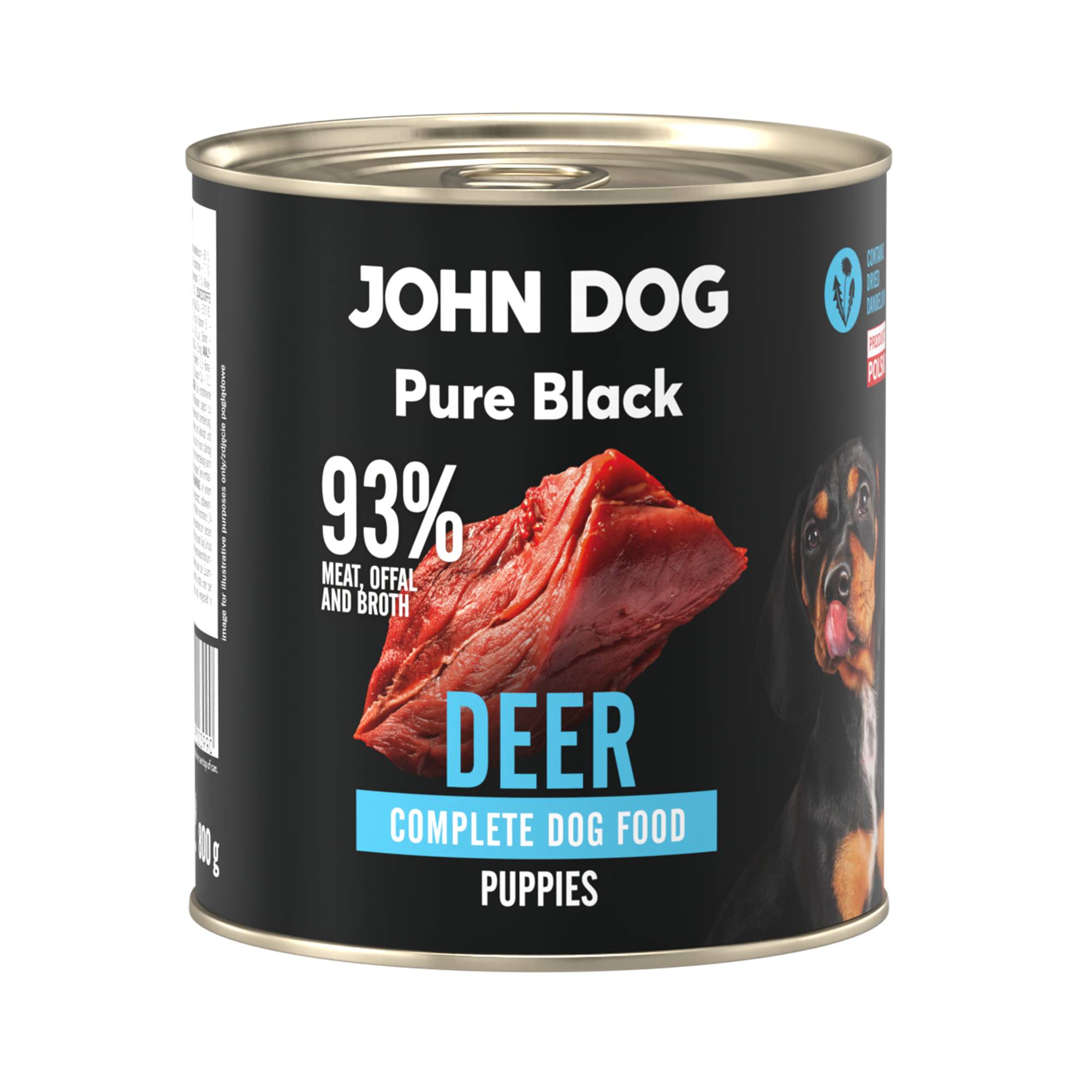 Karma mokra dla szczeniąt z jelenia John Dog Pure Black w czarnej puszce 800g. Na etykiecie jest surowe mięso z jelenia, zdjęcie psa oraz białe i błękitne napisy.