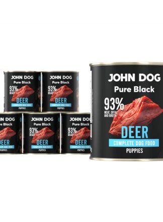 Karma mokra dla szczeniąt z jelenia John Dog Pure Black w sześciu czarnych puszkach 800g. Na etykietach jest surowe mięso z jelenia, zdjęcie psa oraz białe i błękitne napisy.