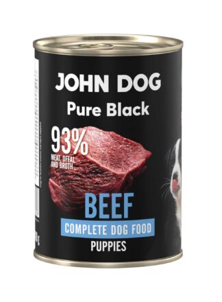 Karma mokra dla szczeniąt z wołowiny John Dog Pure Black w czarnej puszce 400g. Na etykiecie jest surowe mięso z wołowiny, zdjęcie psa oraz białe i niebieskie napisy.