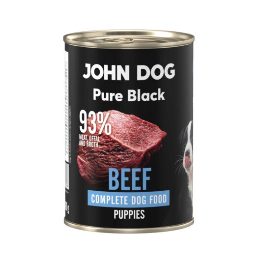 Karma mokra dla szczeniąt z wołowiny John Dog Pure Black w czarnej puszce 400g. Na etykiecie jest surowe mięso z wołowiny, zdjęcie psa oraz białe i niebieskie napisy.