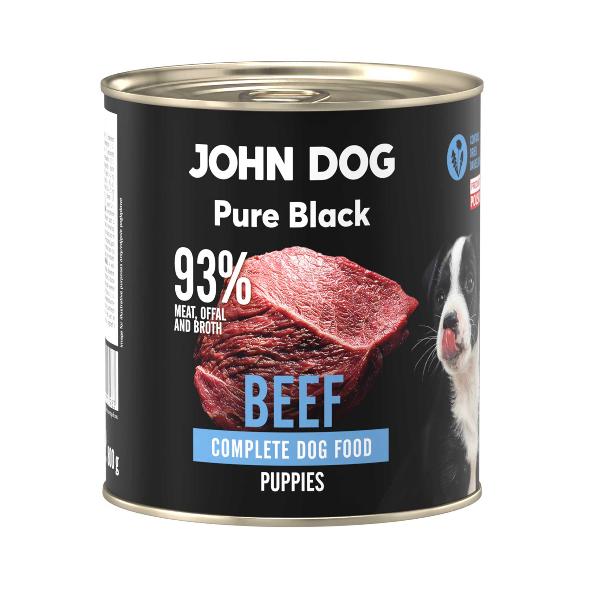 Karma mokra dla szczeniąt z wołowiny John Dog Pure Black w czarnej puszce 800g. Na etykiecie jest surowe mięso z wołowiny, zdjęcie psa oraz białe i niebieskie napisy.