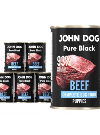 Karma mokra dla szczeniąt z wołowiny John Dog Pure Black w sześciu czarnych puszkach 400g. Na etykietach jest surowe mięso z wołowiny, zdjęcie psa oraz białe i niebieskie napisy.