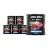 Karma mokra dla szczeniąt z wołowiny John Dog Pure Black w sześciu czarnych puszkach 800g. Na etykietach jest surowe mięso z wołowiny, zdjęcie psa oraz białe i niebieskie napisy.