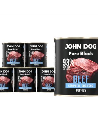 Karma mokra dla szczeniąt z wołowiny John Dog Pure Black w sześciu czarnych puszkach 800g. Na etykietach jest surowe mięso z wołowiny, zdjęcie psa oraz białe i niebieskie napisy.